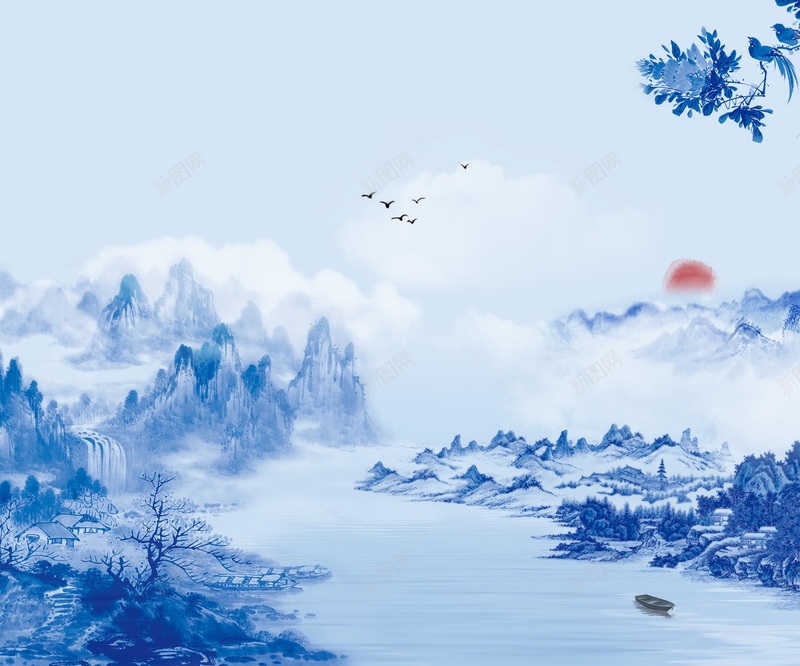 水墨山水画广告背景psd设计背景_88icon https://88icon.com PSD 中国风 分层 小船 山水画 山脉 平面 广告 模板 水墨 海报 素材 背景 蓝色