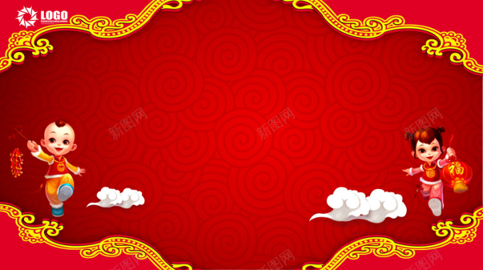 鸡年吉祥大气红色中国风元素新春展板背景素背景
