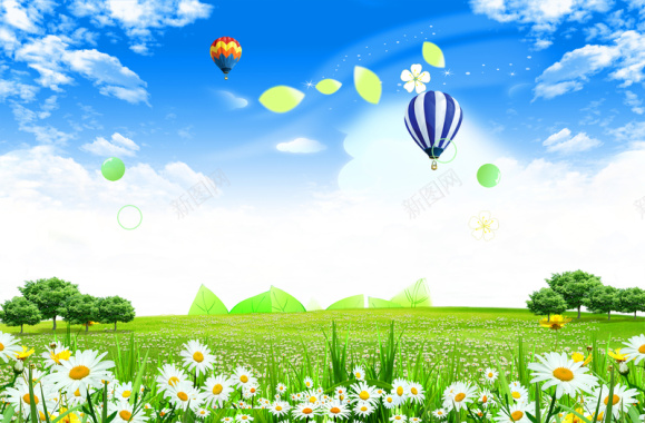 蓝天白云风景气球草地绿地鲜花背景背景