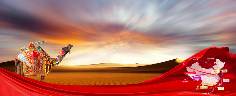 一带一路沙漠红飘带大气背景背景