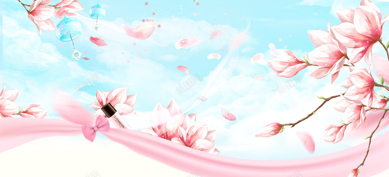 桃花节梦幻丝带花瓣蓝bannerpsd设计背景_88icon https://88icon.com 丝带 小清新 广告 文艺 春天 春季 桃花 桃花节 梦幻 浪漫 白云 粉色 素材 背景 蓝天 设计