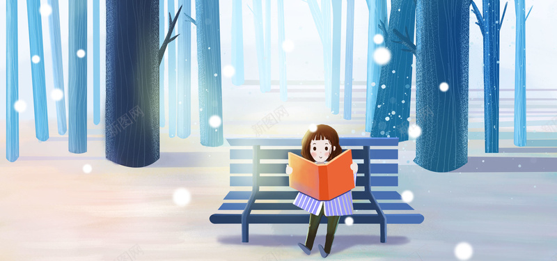 女孩在冬日雪景里看书背景