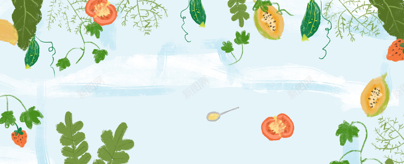 卡通水果蔬菜手绘文艺蓝色背景背景