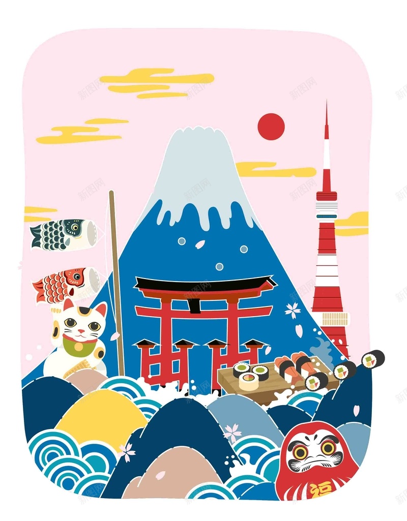 手绘矢量旅游日本景点樱花富士山招财猫海报eps设计背景_88icon https://88icon.com 地图 富士山 手绘 招财猫 旅游 日本 日本传统图案鲤鱼 日本旅游 景点 樱花 海报 矢量 矢量图 简笔画山 美丽的富士山 青海波 鲤鱼旗