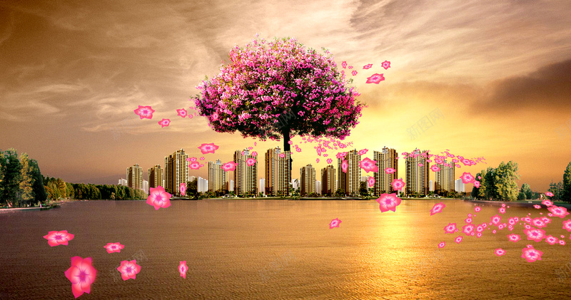 楼盘房地产海报背景psd设计背景_88icon https://88icon.com psd分层素材 乌云 云 优雅 天空 树 桃花 桃花树 楼盘 楼群 水 波纹 源文件 花 金黄色 高贵