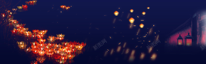 中元节中国风深蓝平面bannerjpg设计背景_88icon https://88icon.com banner 中国风 传统节日 光点 孔明灯 寺庙 平面 深蓝 莲花灯