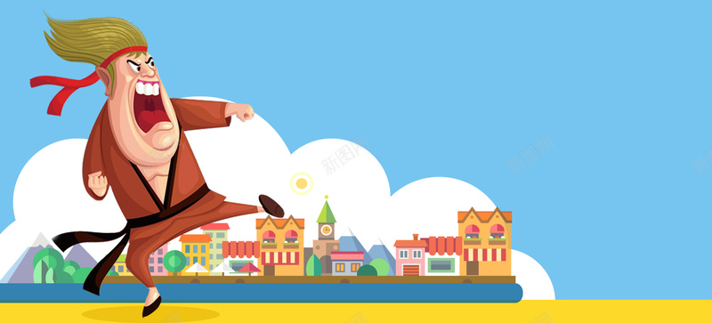 招聘招生卡通童趣海报背景psd设计背景_88icon https://88icon.com 功夫 卡通 卡通人物 卡通房屋 城市 宣传海报 招生 招聘 教练 比武 比赛 童趣 诚聘 跆拳道