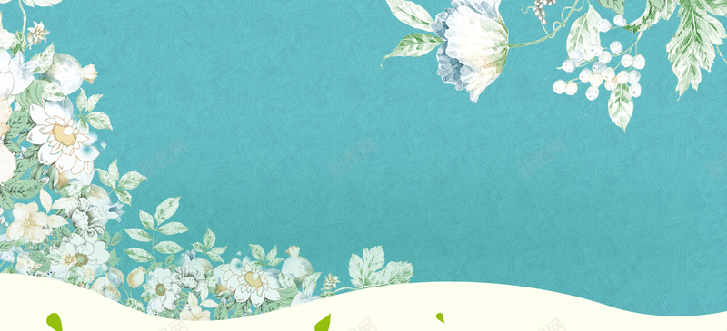 春天文艺手绘白色花朵质感蓝色banner背景