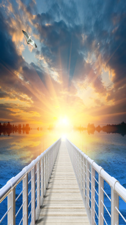 夕阳光桥海边夕阳背景图高清图片