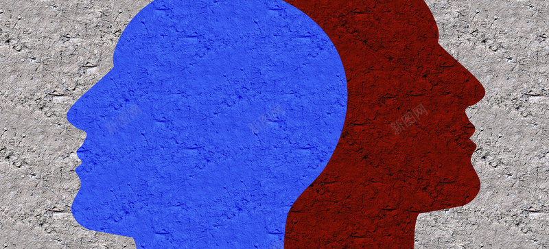 手绘蓝色与红色的两个人影背景