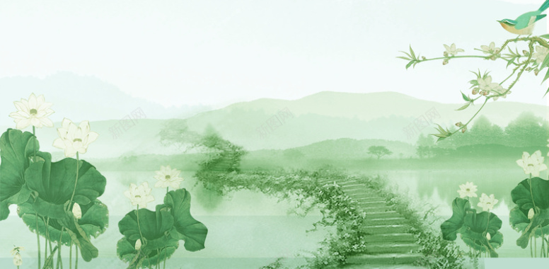 中国风水墨画荷花荷叶夏季新品海报背景背景