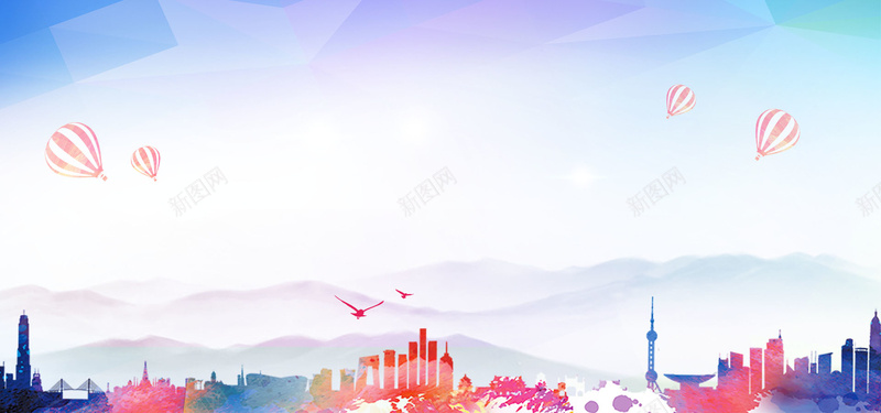 地产梦幻浪漫蓝色海报banner背景psd设计背景_88icon https://88icon.com 企业展板 企业背景 公司 地产 城市 大气 山 建筑 开业 文化 梦幻 气球 浪漫背景 海报