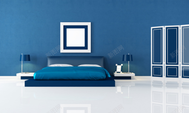 现代建筑家居室内卧室装潢蓝色调背景摄影图片
