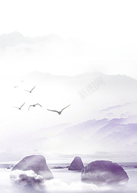 黑白古风山水水墨风景摄影海鸥背景摄影图片