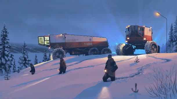 冬日雪地人物卡车背景