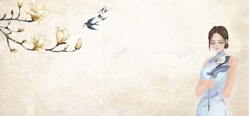 中国风旗袍美女花朵燕子纹理水墨背景背景