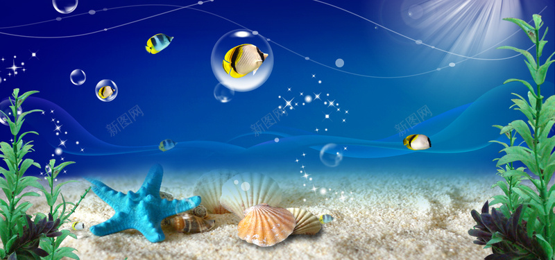 海洋生物psd设计背景_88icon https://88icon.com 气泡 海报banner 海星 海洋生物 海藻 金鱼