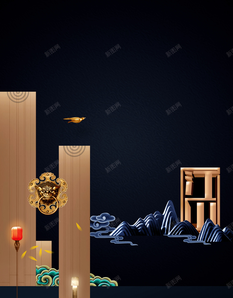 黑色大气高端新中式地产海报psd设计背景_88icon https://88icon.com 别墅 地产 大气 新中式 海报 祥云 高端 黑色