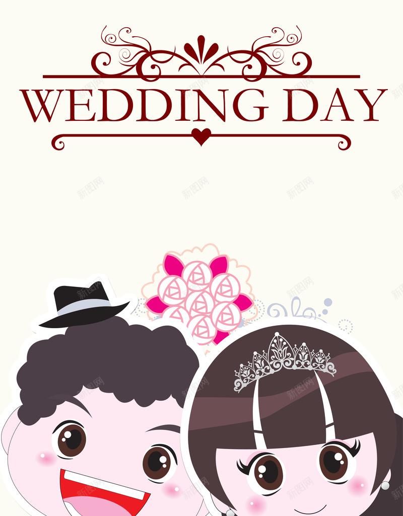卡通婚礼贺卡展板背景psd_88icon https://88icon.com day wedding 婚礼卡通展板 展板模板 幸福 广告设计模板 新娘 新郎 玫瑰 花纹