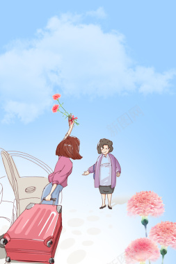 蓝色手绘清新母亲节人物花卉背景背景