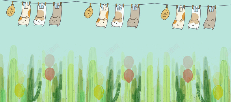 手绘卡通小动物蓝色背景jpg设计背景_88icon https://88icon.com 仙人掌 卡通 小动物 小猫 手绘 手绘猫咪 清新 草地 蓝色背景