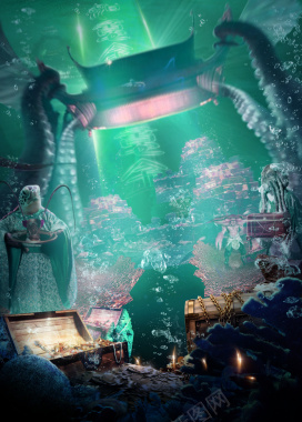 梦幻海底宫殿绿色背景背景