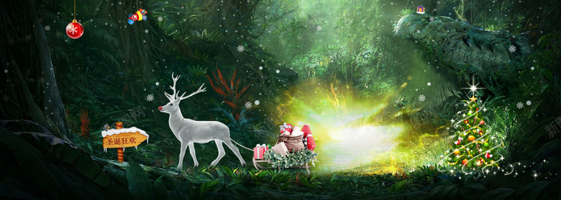 圣诞节麋鹿景色森林banner背景