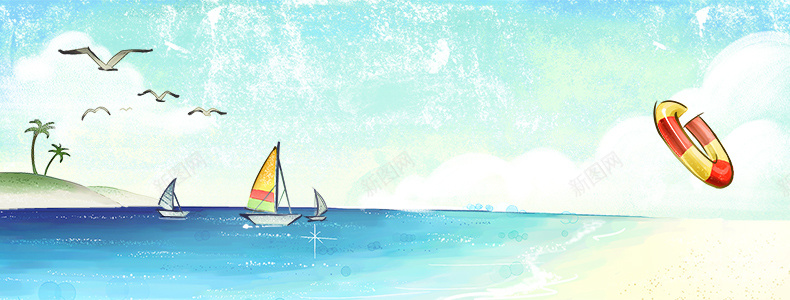 卡通清新夏日海滩帆船背景