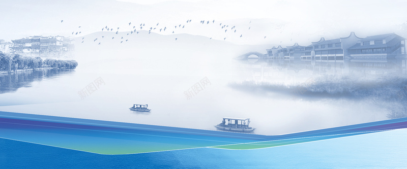 蓝色清新水墨江南湖水古建筑小船飞雁中国风背景背景