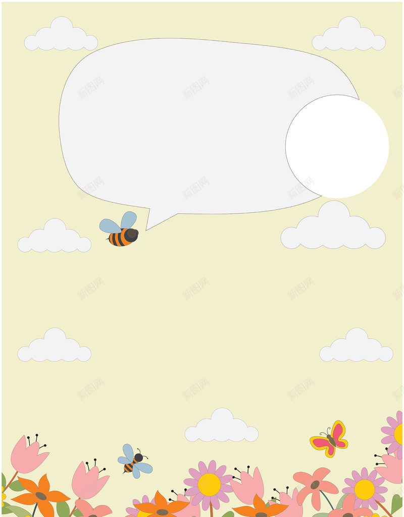 黄色卡通矢量花朵蜜蜂春天海报背景ai设计背景_88icon https://88icon.com 云 手 手画 手画图 春季招生 春季海报 气泡 派对 矢量图 绘画 聚会邀请 自然 花 花园 蜜蜂 语音泡沫 邀请
