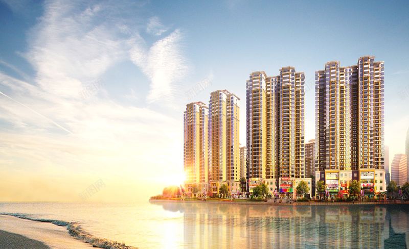 蓝天碧水高楼大厦psd设计背景_88icon https://88icon.com 楼房背景 海报背景 淡雅 蓝天碧水 高端大气背景