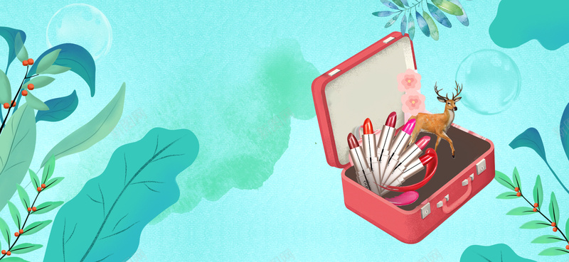 美妆节口红手绘春天电商蓝bannerpsd设计背景_88icon https://88icon.com 化妆 化妆品 口红 女生 小清新 小鹿 广告 文艺 渲染 简约 素材 绿叶 美妆 美妆节 背景 设计