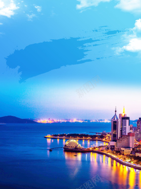蓝色唯美夜景青岛旅游海报背景背景