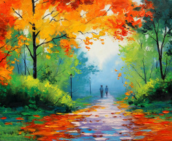 秋季风景画风景画挂画河岸河流河畔绘画高清图片