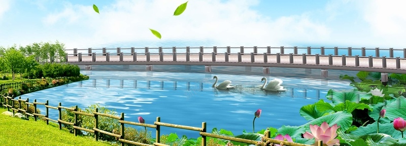 夏日池塘psd_88icon https://88icon.com 公园 园艺 天鹅 摄影 池塘 海报banner 风景