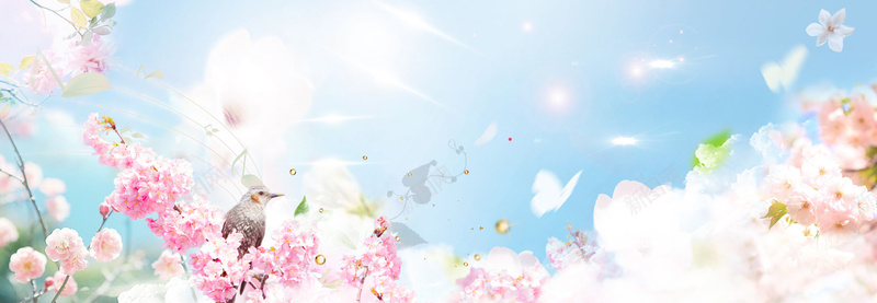 春季美妆粉蓝色电商海报背景psd设计背景_88icon https://88icon.com 化妆品活动 化妆品海报 春夏新风尚 春天 春季 春暖花开 桃花 白云 花朵 蓝天