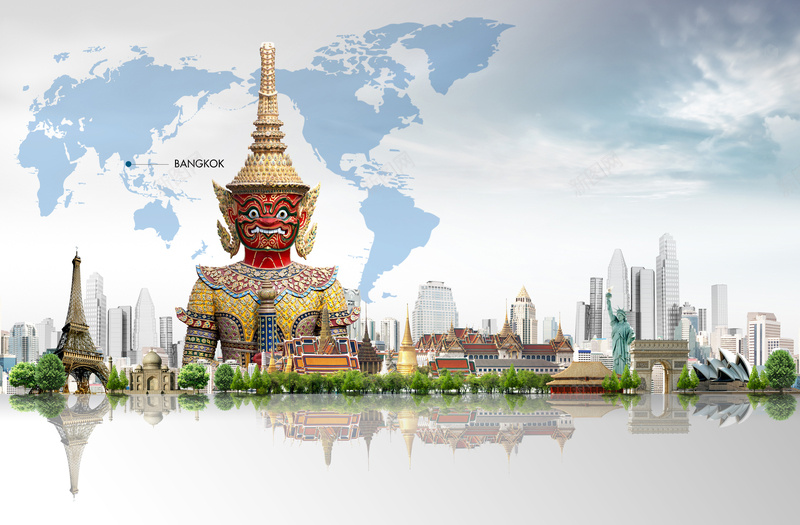 世界旅游名胜泰国曼谷海报psd设计背景_88icon https://88icon.com 世界地图 佛像 大楼 摄影 旅游 曼谷 泰国 风景