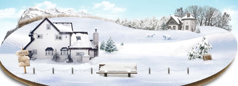 唯美冬天飘雪中的房屋psd_88icon https://88icon.com 冰天雪地 摄影 树 海报banner 长椅 雪中的房屋 风景