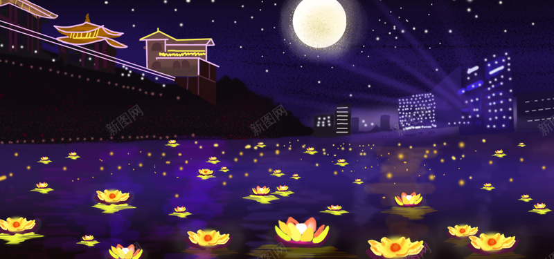 中元节夜晚放莲花灯祈福插画psd设计背景_88icon https://88icon.com 中元节 城市 夜晚 插画 星空 月亮 河灯 祈福 莲花灯