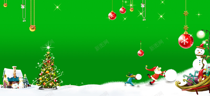 卡通绿色清新圣诞节雪橇雪人圣诞树背景banner背景