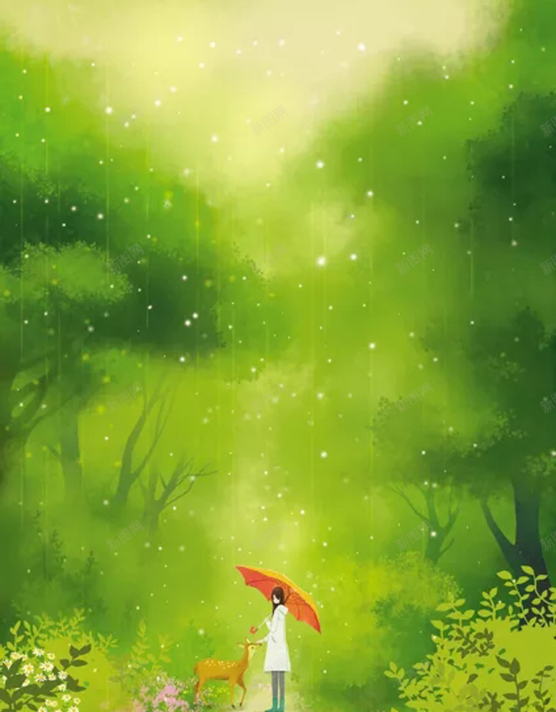 雨中森林海报psd设计背景_88icon https://88icon.com 下雨 善良 少女 散步 森林 绿色 触摸 野外 雨伞 雨季 驯鹿