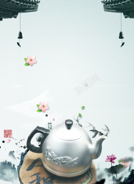 中式淡雅花卉水壶海报背景背景