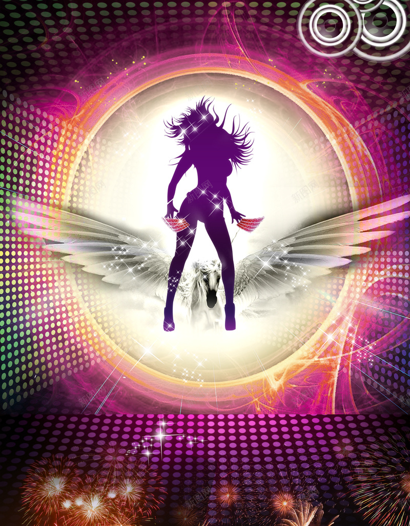 酒吧跨年电子音乐节宣传海报psd设计背景_88icon https://88icon.com 光丝 天使的翅膀 焰火 电子音乐节 跳舞的美女 酒吧
