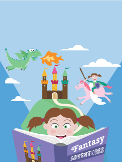 启发智慧书籍海报可爱卡通看童话书的女孩矢量背景高清图片