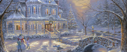 油画树林雪景圣诞城堡背景