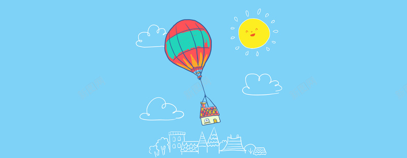 卡通热气球和太阳插画背景矢量图背景