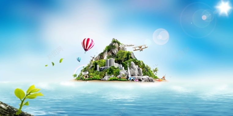 唯美蓝天海岛别墅地产旅游海报背景模板背景