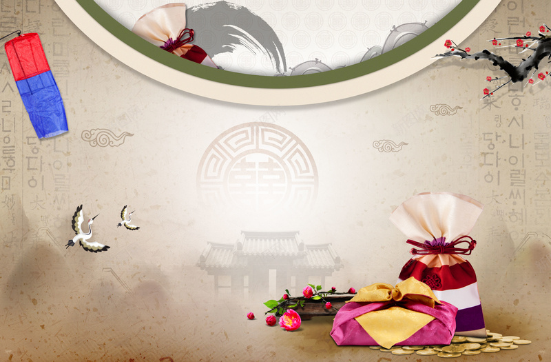 喜庆福袋腊梅商业背景图psd设计背景_88icon https://88icon.com 古建筑 商业 喜庆 囍 灯笼 灰色 白鹤 福袋 纹理 腊梅 质感 钱币