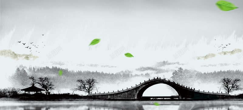 中国风断桥绿叶杭州绿叶灰色背景背景