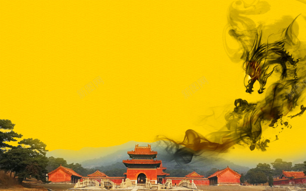 中国风黄色建筑水墨旅游海报背景背景